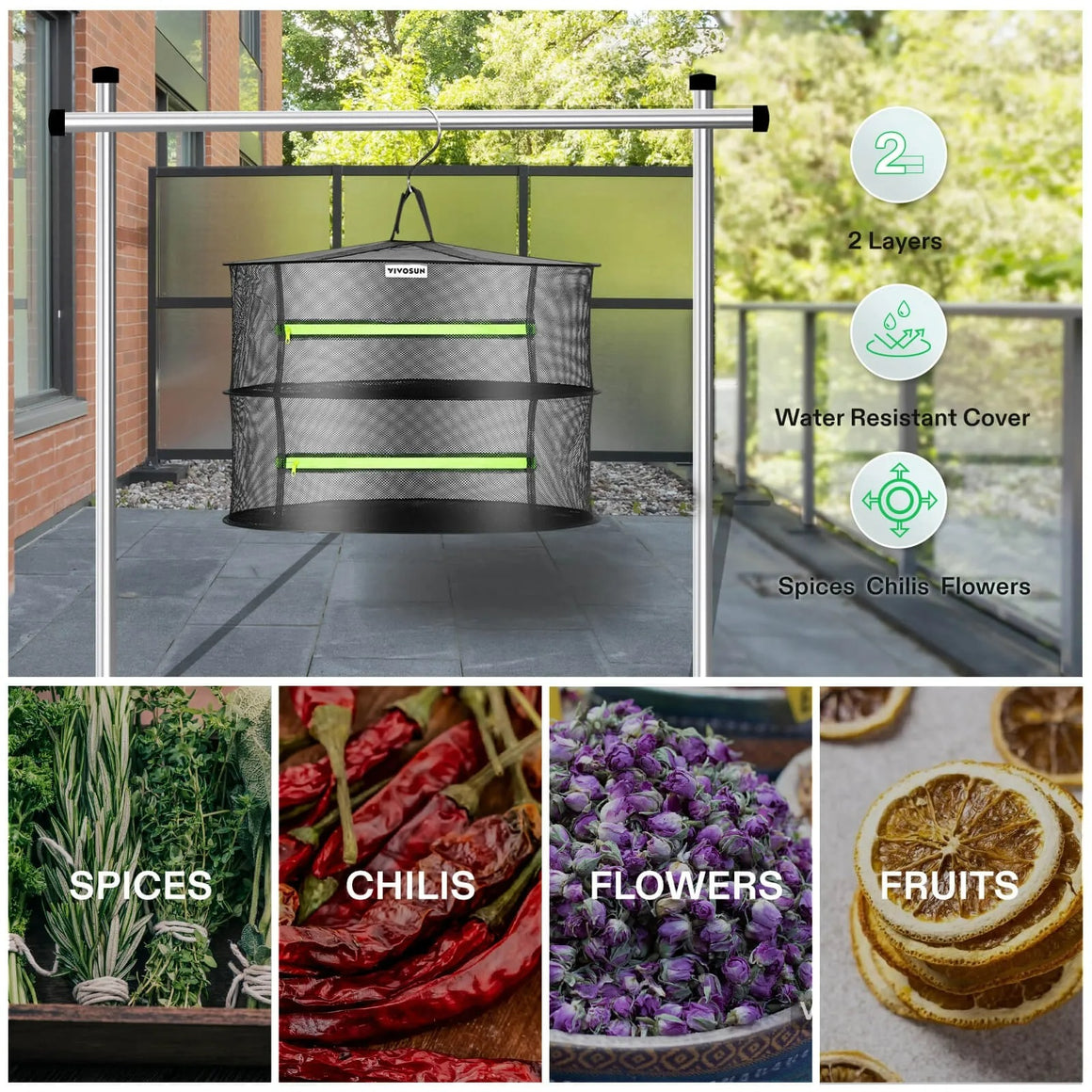 VIVOSUN mesh drying rack with 2 layers, water-resistant cover, for drying spices, chilies, flowers & fruits.