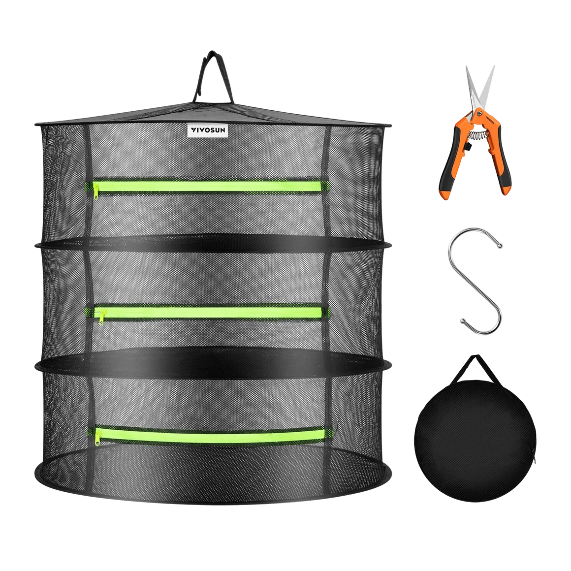 VIVOSUN mesh drying rack with three shelves, pruning shears, S-hook, and compact carrying case.