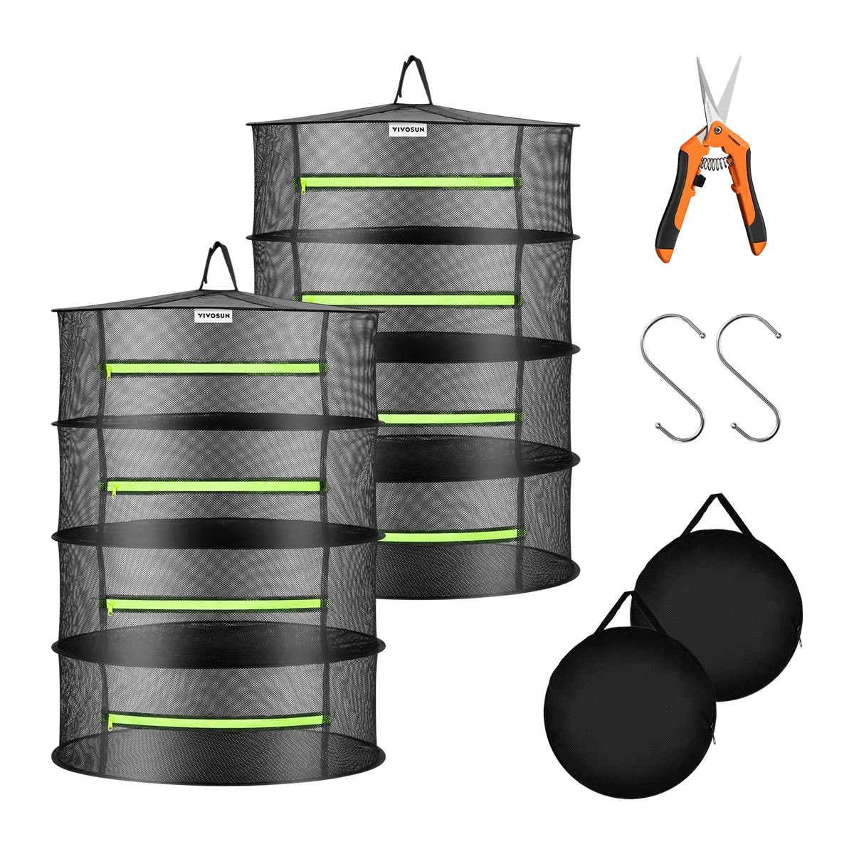 Vivosun 2-pack mesh drying rack with pruning shears, S hooks, and two circular storage bags.
