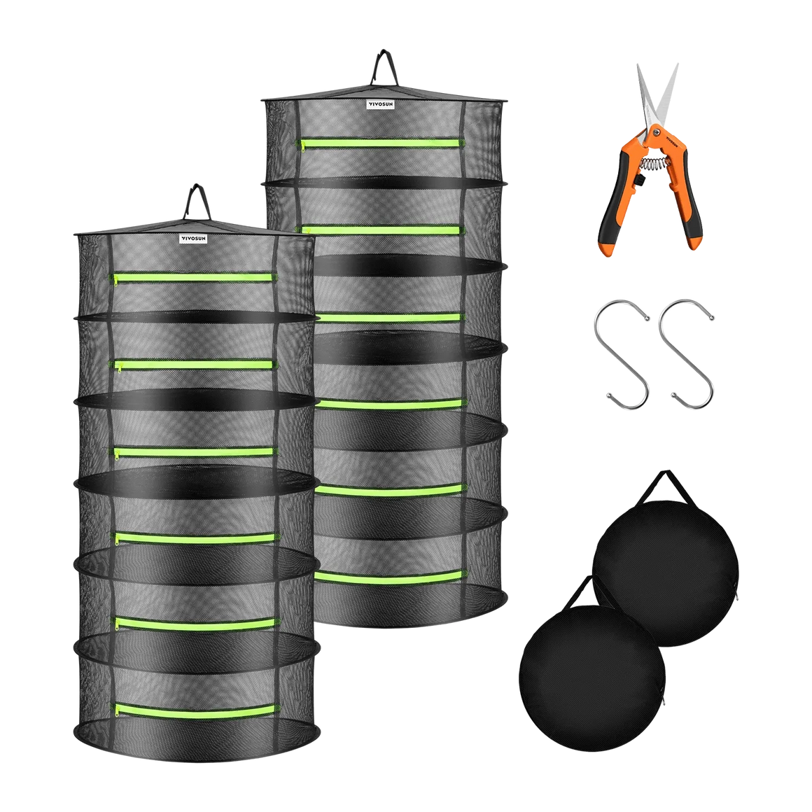 Vivosun mesh drying racks with scissors, hooks, and carrying bags.