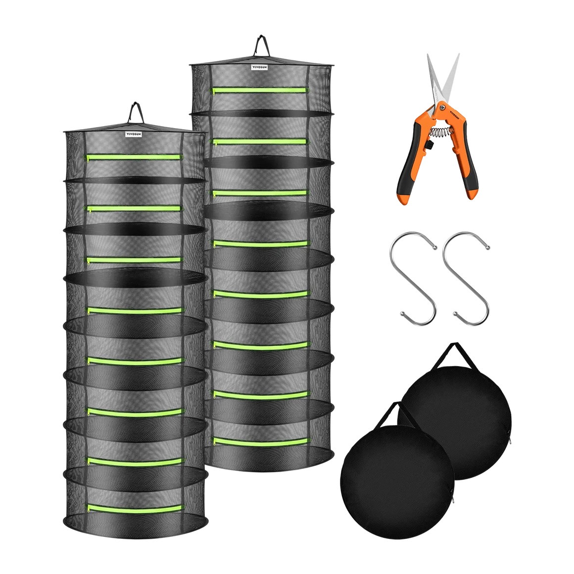 VIVOSUN mesh drying racks with scissors, hooks, and carrying bags.