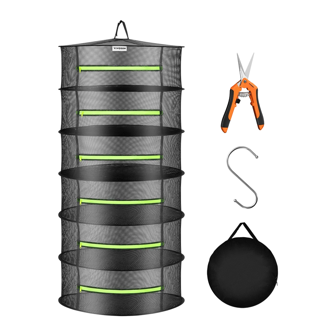 Vivosun 4-tier black mesh drying rack with green zippers, pruning shears, S hook, and carrying bag.