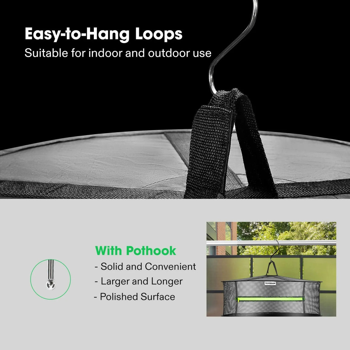 VIVOSUN mesh drying rack with pothook for indoor/outdoor use. Features easy-hang loops.