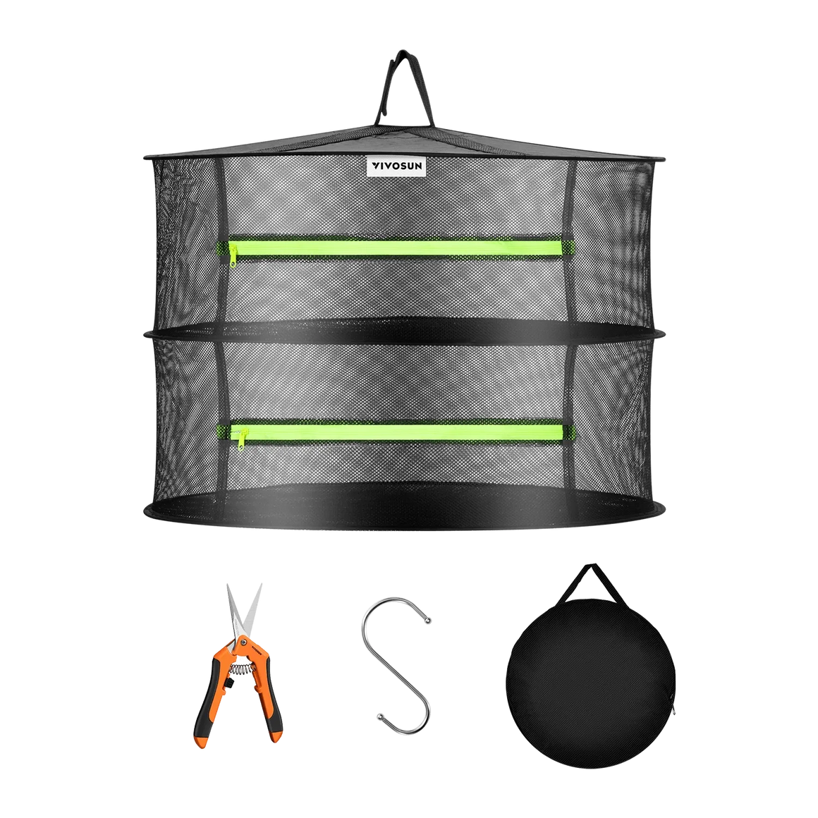 VIVOSUN mesh drying rack with two levels, green zippers, pruning shears, S-hook, and black carrying bag.