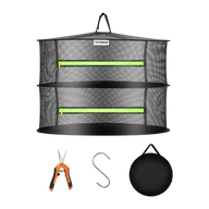 VIVOSUN mesh drying rack with two levels, green zippers, pruning shears, S-hook, and black carrying bag.