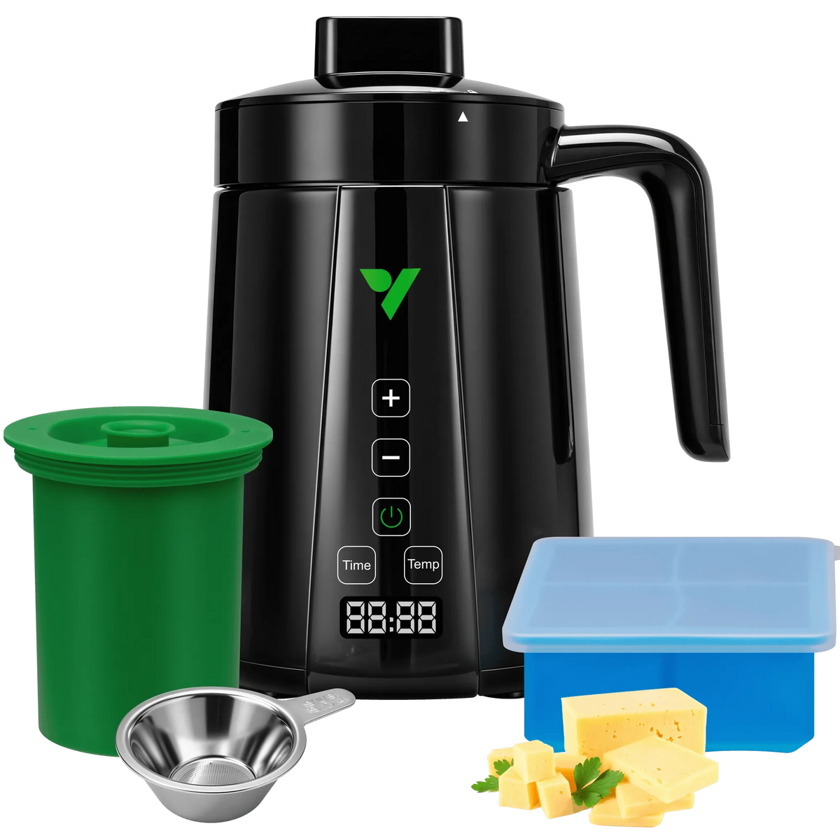Vivosun mini decarb butter maker with green silicone cap, tea infuser, ice cube tray, and cheese cubes.