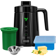 Vivosun mini decarb butter maker with green silicone cap, tea infuser, ice cube tray, and cheese cubes.