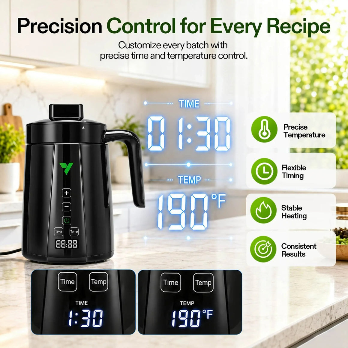 Black Vivosun Mini Decarb Butter Maker with digital display showing 1:30 time and 190°F temperature.