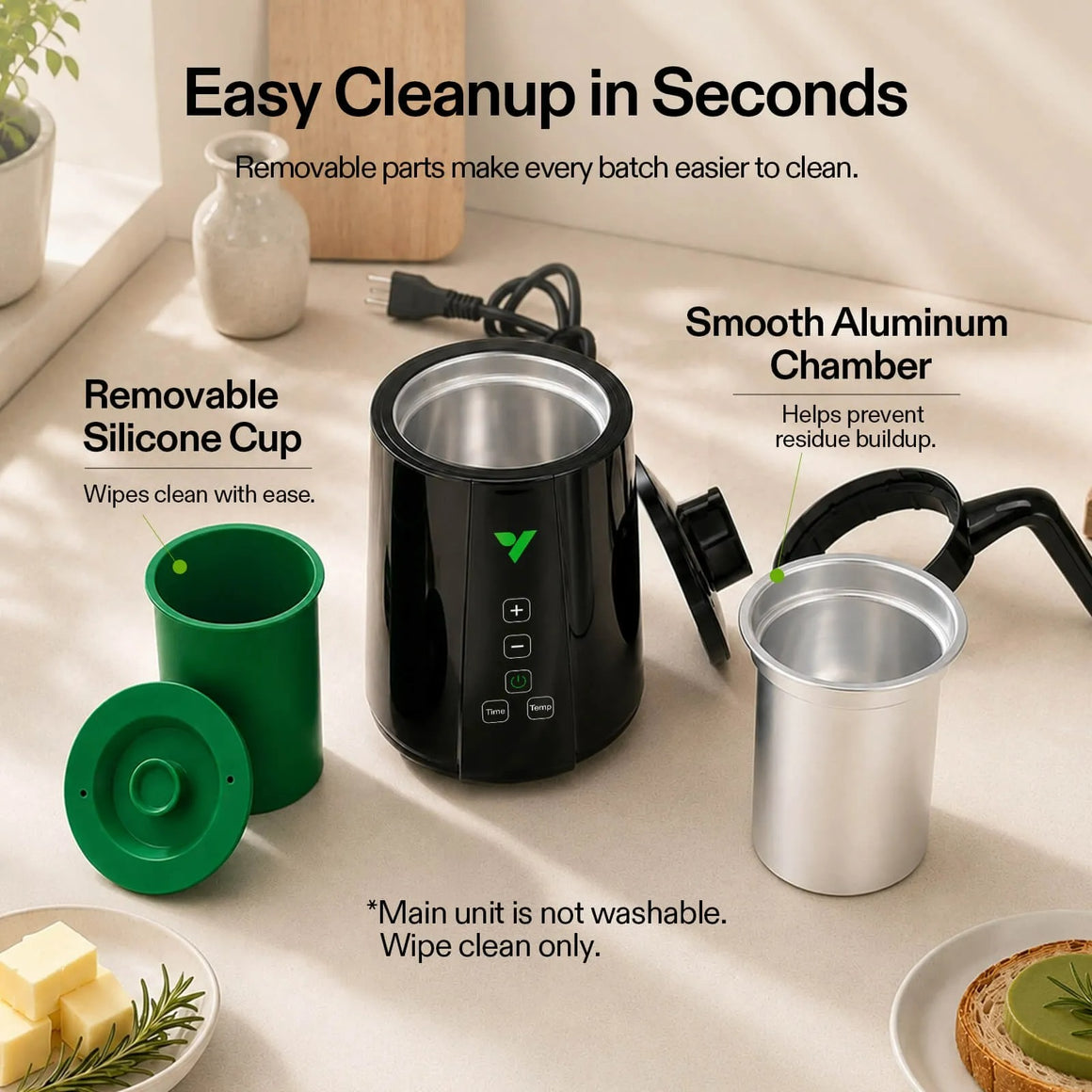 Vivosun Mini Decarb Butter Maker: Removable green silicone cup & silver aluminum chamber. Easy cleanup.