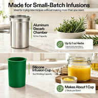 Small batch infusion kit: aluminum decarboxylation chamber & green silicone infusion cup with herbs & butter.