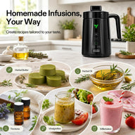 Black Vivosun mini decarb butter maker with green leaf logo, surrounded by photos of herbal butter, oil, tinctures, vinaigrettes, and milkshakes.