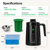Vivosun Mini Decarb Butter Maker, black, with green insert, measuring cup, and blue ice tray.
