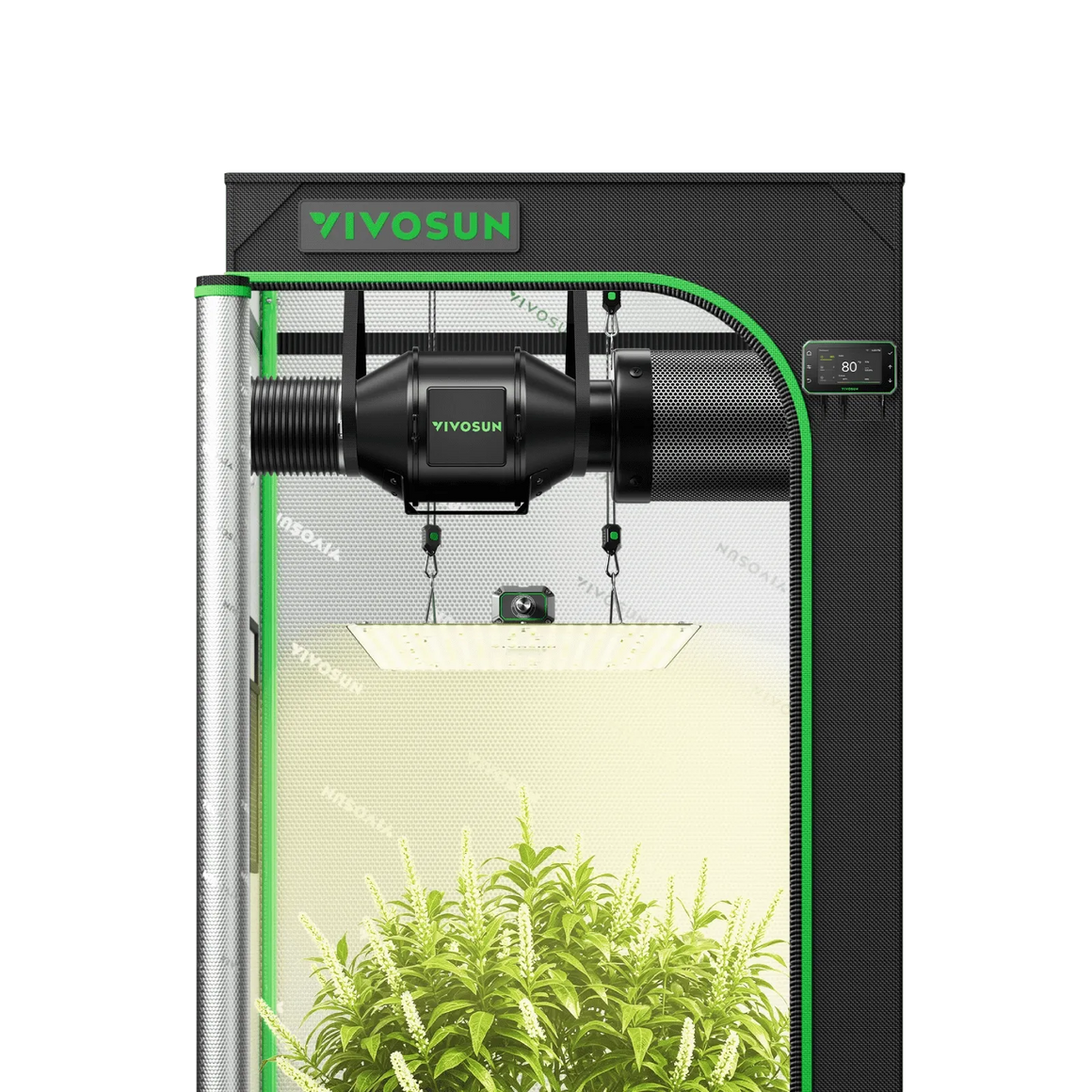 VIVOSUN smart grow tent kit with LED grow light, inline fan, and digital controller, showcasing lush green plants.