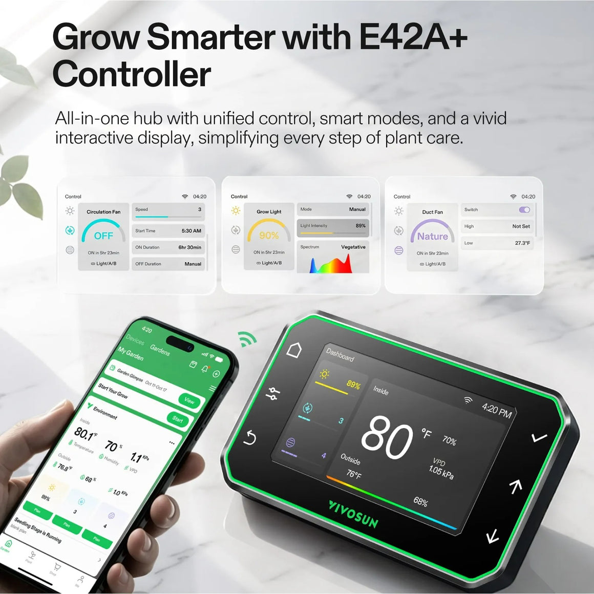 VIVOSUN smart grow tent kit controller & app display showing fan, light, and duct fan settings with temperature and humidity data.