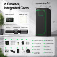 VIVOSUN smart grow tent kit: GrowHub E42A+, LumaLight 150W, ducting, carbon filter, and accessories.