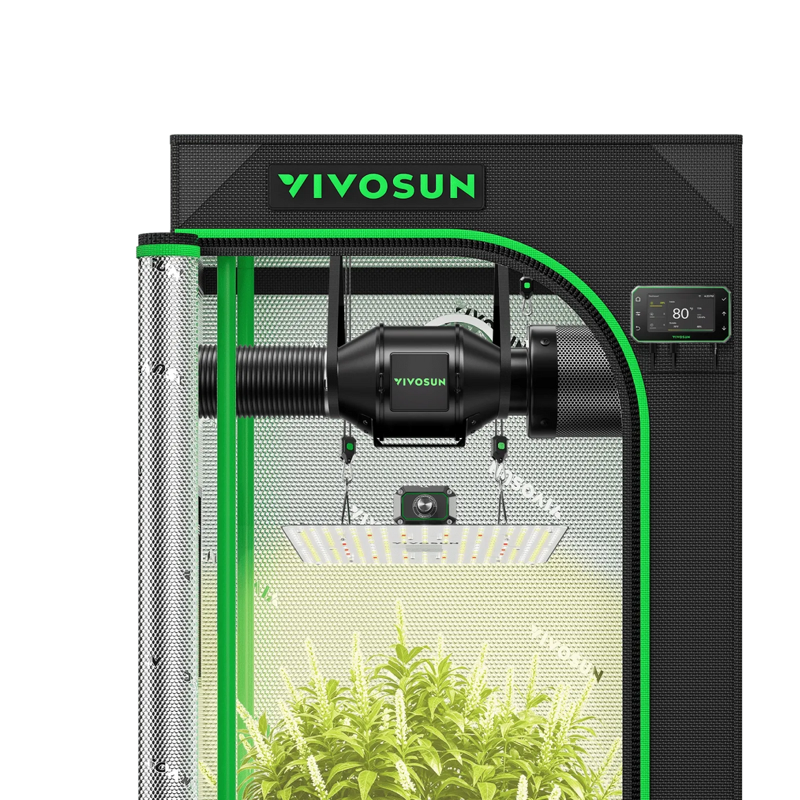 VIVOSUN smart grow tent kit with LED light, inline fan, and digital display showing 80°F.