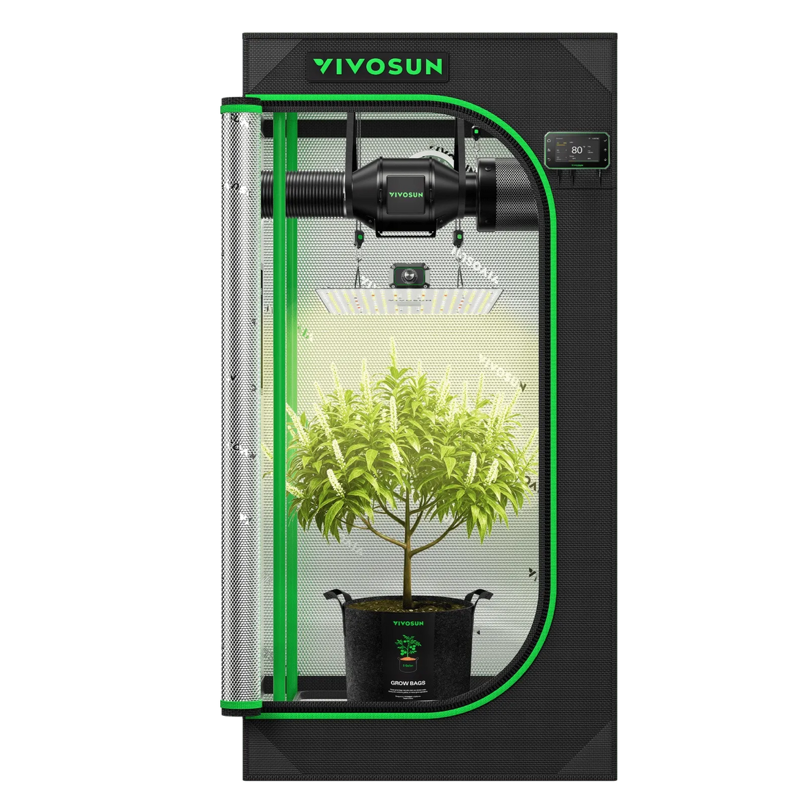 VIVOSUN smart grow tent kit with LED light, fan, and plant in a grow bag.