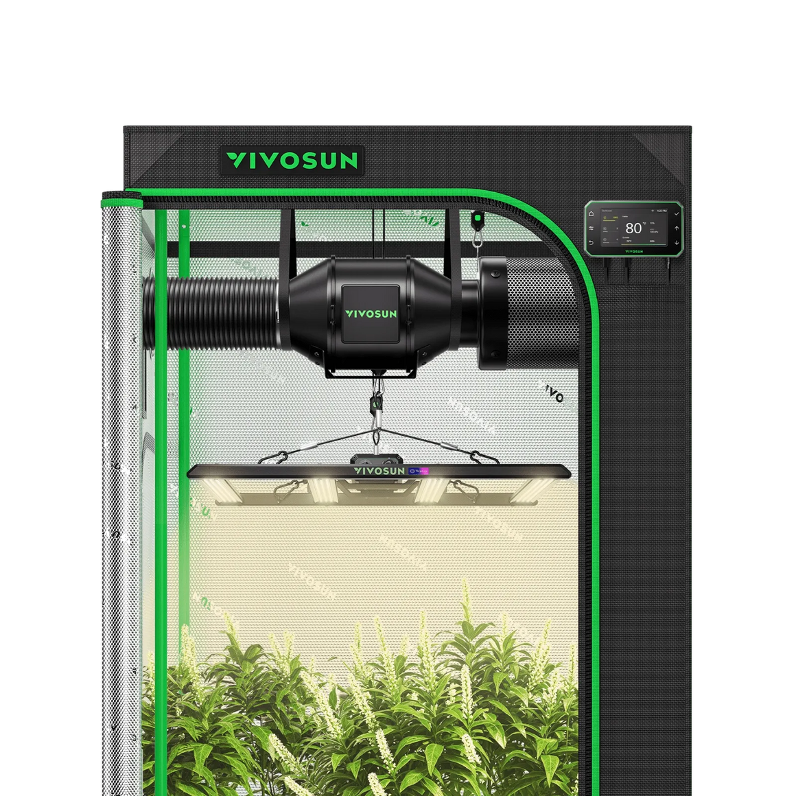 VIVOSUN 3x3 smart grow tent with LED lights, inline fan, and digital controller.