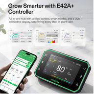 VIVOSUN controller and app displaying plant growth data, temperature, humidity, and light settings.