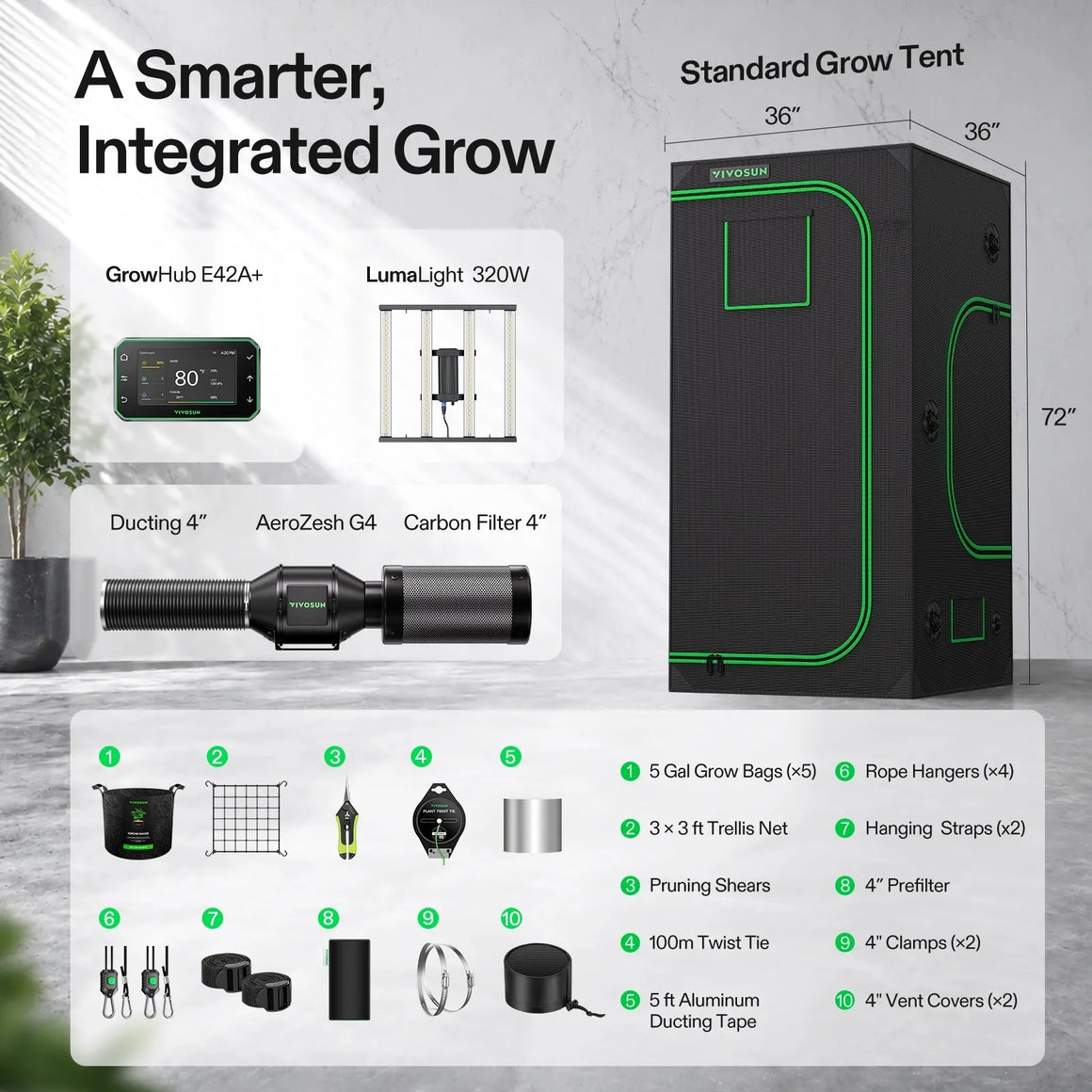 Vivosun smart grow tent kit featuring GrowHub, LumaLight, ducting, filter, and accessories.