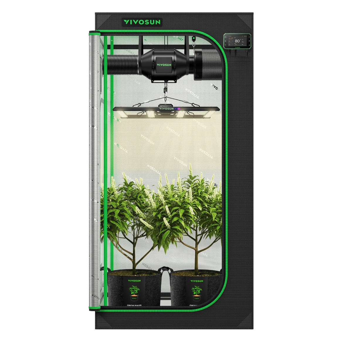 VIVOSUN 3x3 smart grow tent kit with LED light, fan, and filter. Two potted plants inside.