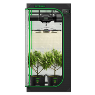VIVOSUN 3x3 smart grow tent kit with LED light, fan, and filter. Two potted plants inside.