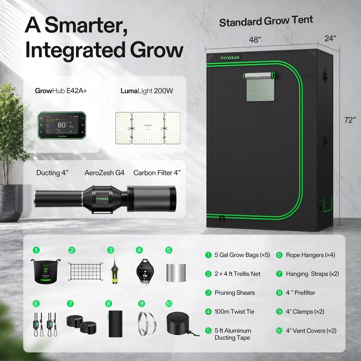 VIVOSUN 4x2 ft smart grow tent kit with GrowHub, LumaLight, carbon filter, and accessories.