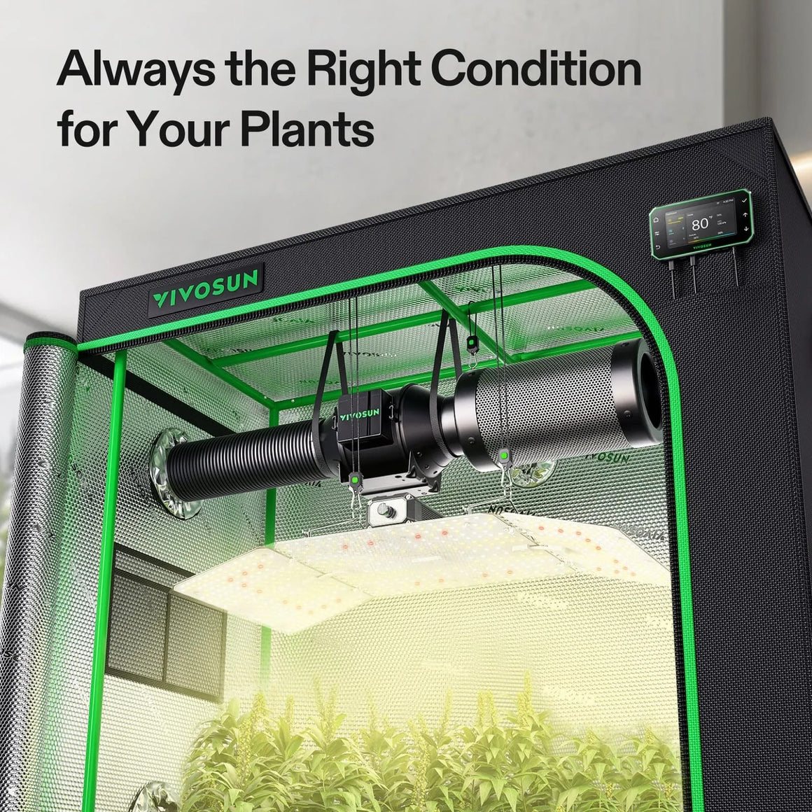 VIVOSUN smart grow tent with LED grow light, fan, and temp/humidity monitor.
