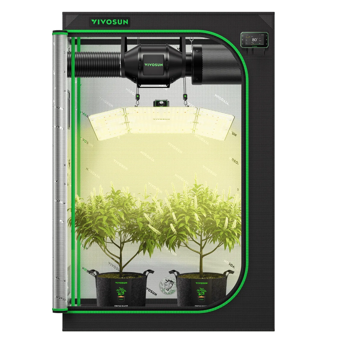 VIVOSUN Smart Grow Tent Kit with LED light, inline fan, and two plants in pots.