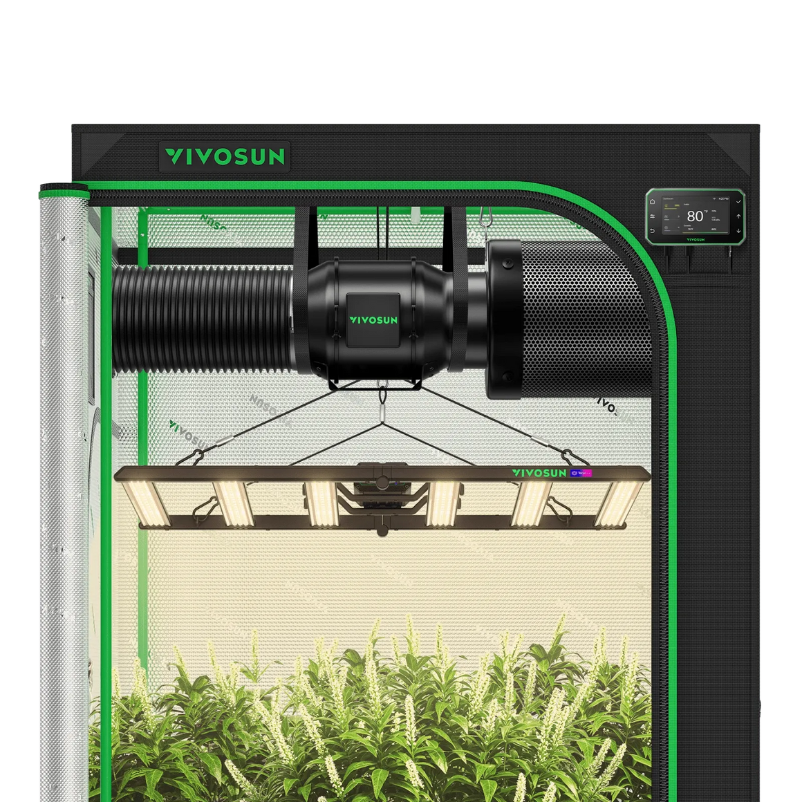 Vivosun 4x4 smart grow tent kit with LED lights, inline fan, and controller.