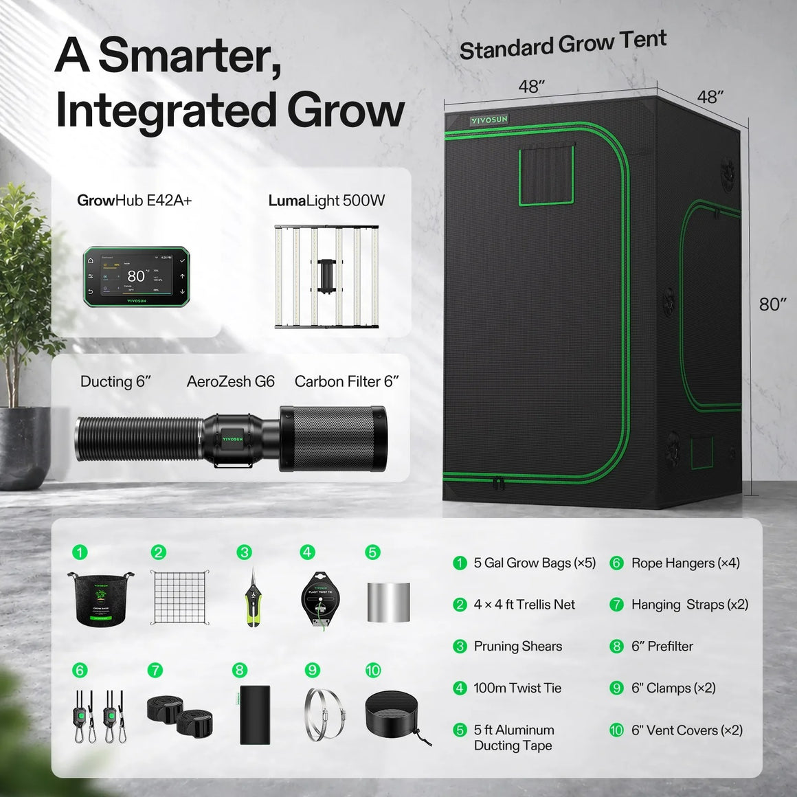 Vivosun Smart Grow Tent Kit: 4x4x80" tent, GrowHub E42A+, LumaLight, ducting, filter, grow bags, trellis net, tools, and accessories.