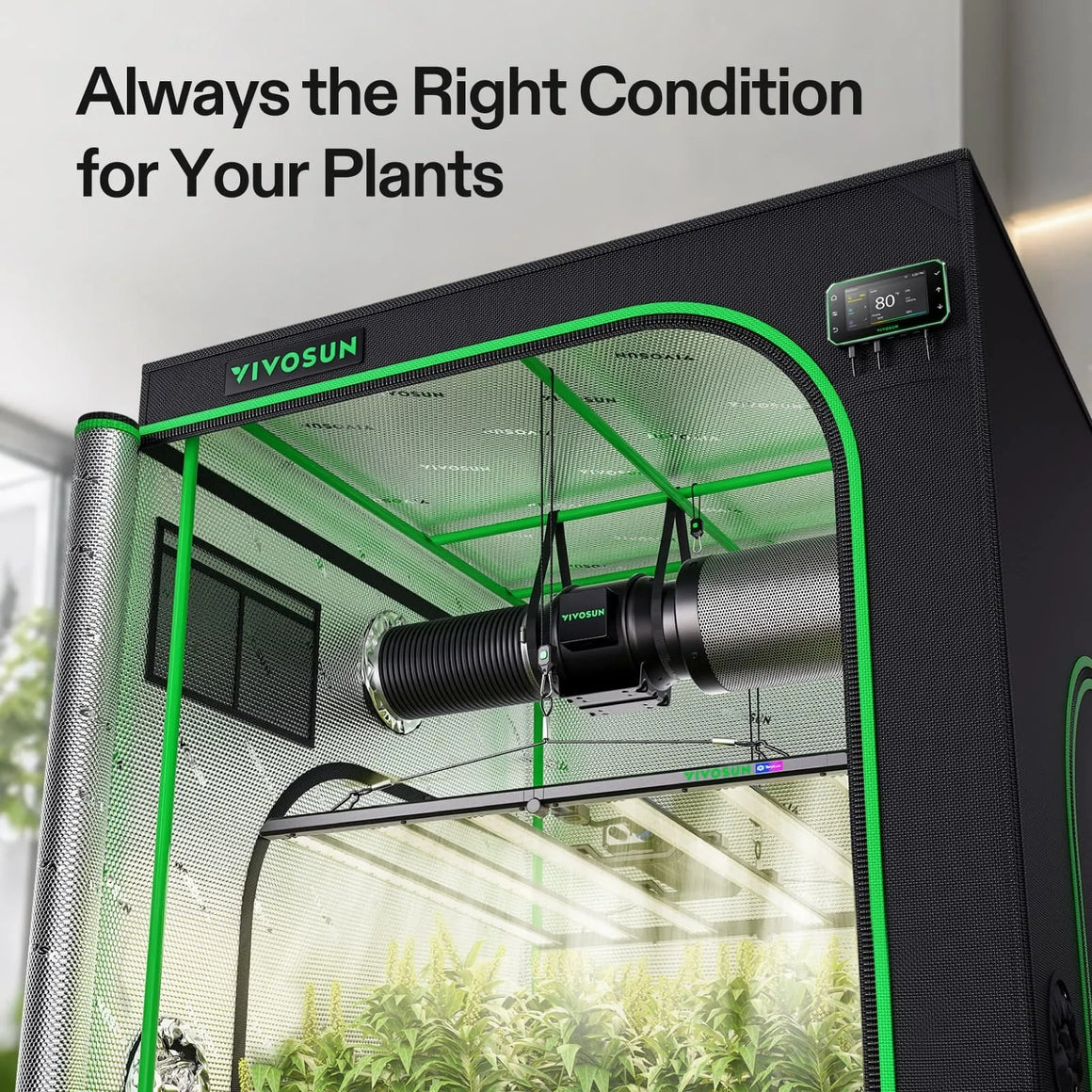 VIVOSUN smart grow tent kit: 4x4 tent, inline fan, and controller showing 80°F. Plants thrive in optimal conditions.
