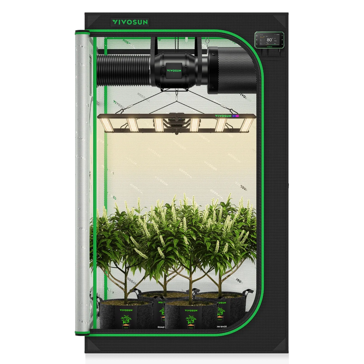 Vivosun 4x4 smart grow tent kit with plants, LED lights, and ventilation system.