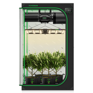 Vivosun 4x4 smart grow tent kit with plants, LED lights, and ventilation system.