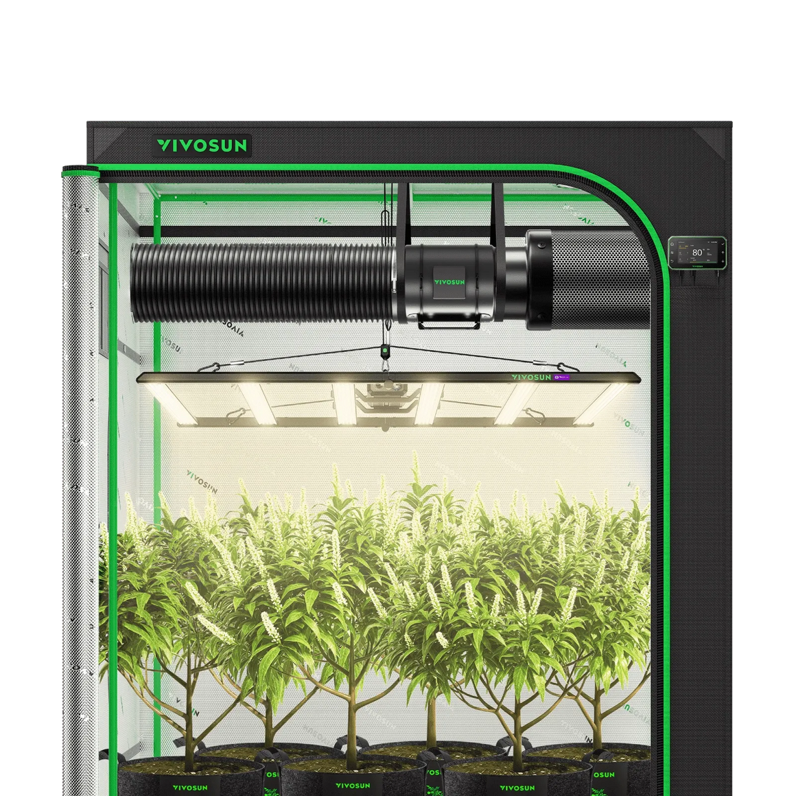 VIVOSUN Smart Grow Tent Kit with LED lights, fan, and controller, showcasing lush green plants.