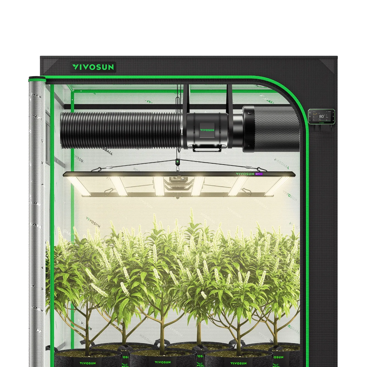 VIVOSUN Smart Grow Tent Kit with LED lights, fan, and controller, showcasing lush green plants.