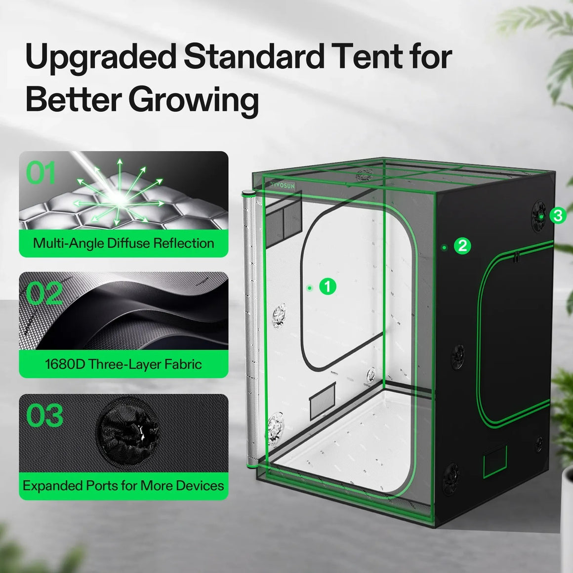VIVOSUN 5x5 grow tent with multi-angle diffuse reflection, 1680D fabric, and expanded ports.