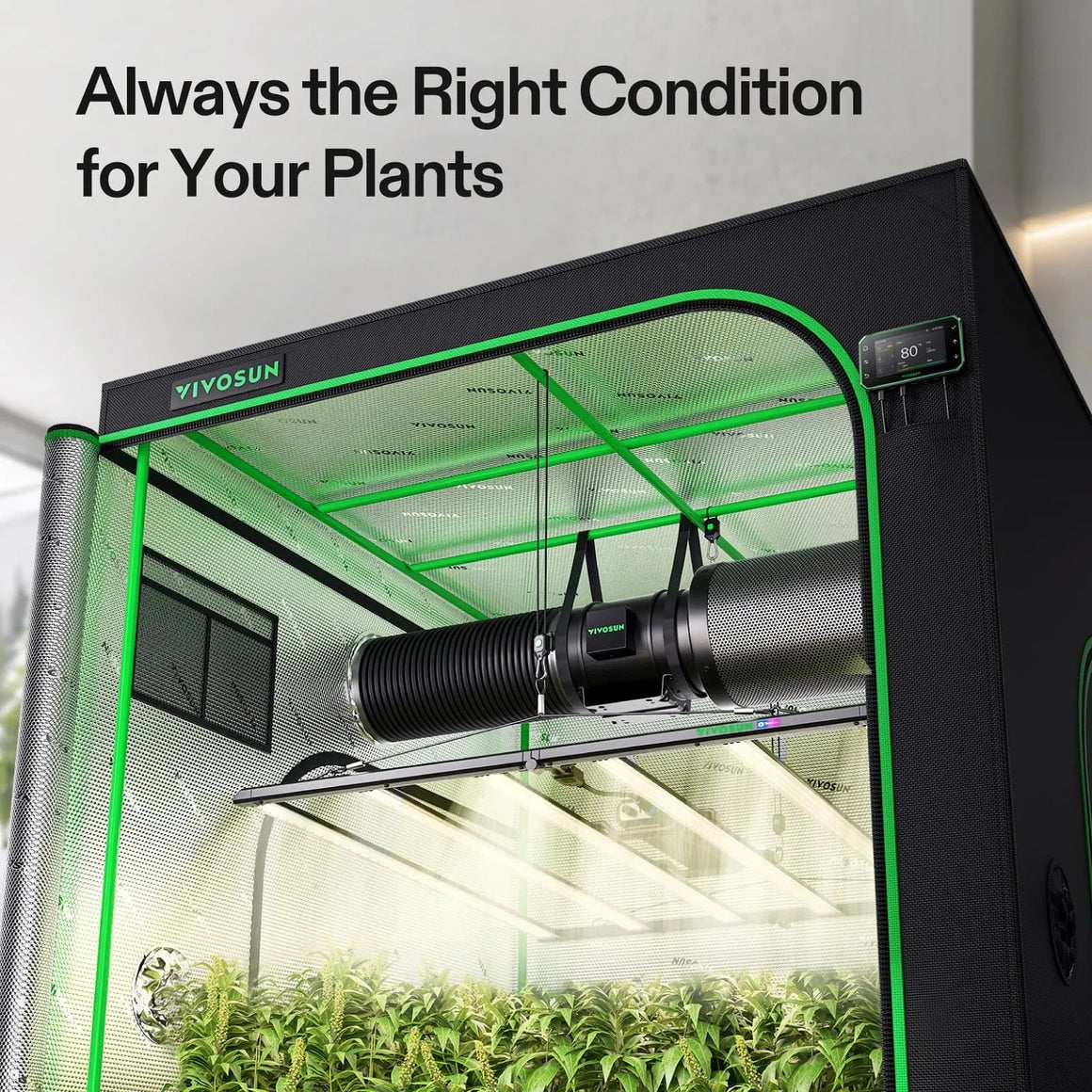 VIVOSUN 5x5 smart grow tent kit with plants, lights, and ventilation.