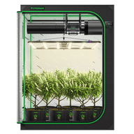 Vivosun 5x5 grow tent kit with LED lights, fan, filter, and thriving plants.