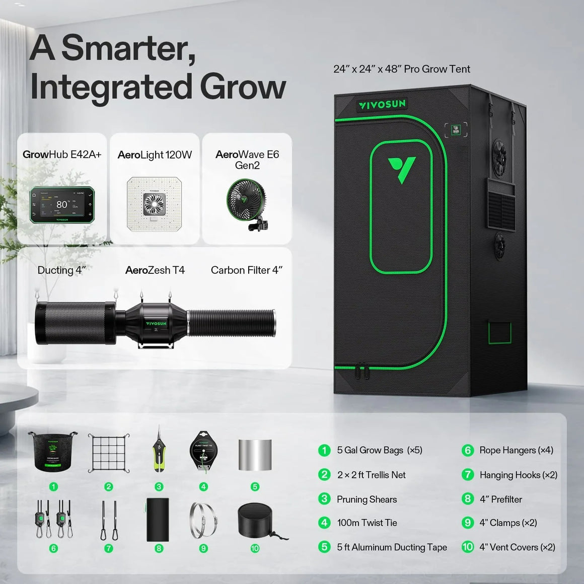 VIVOSUN 2x2 Pro grow tent kit with smart controller, light, fan, filter, ducting & accessories.