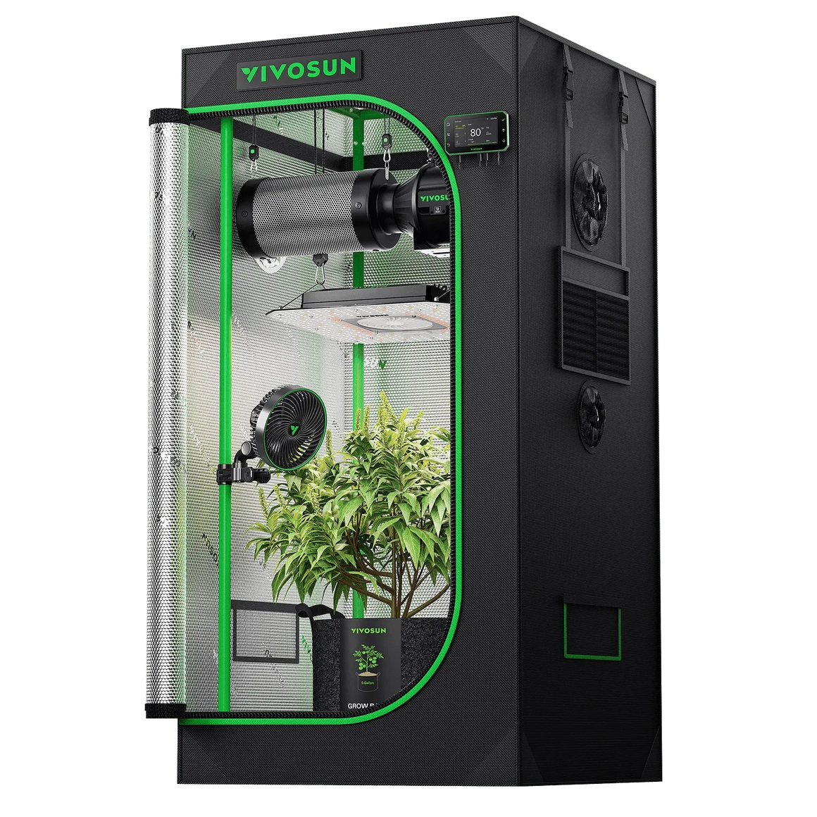 VIVOSUN 2x2 Grow Tent Kit with LED light, fan, filter, and plant.