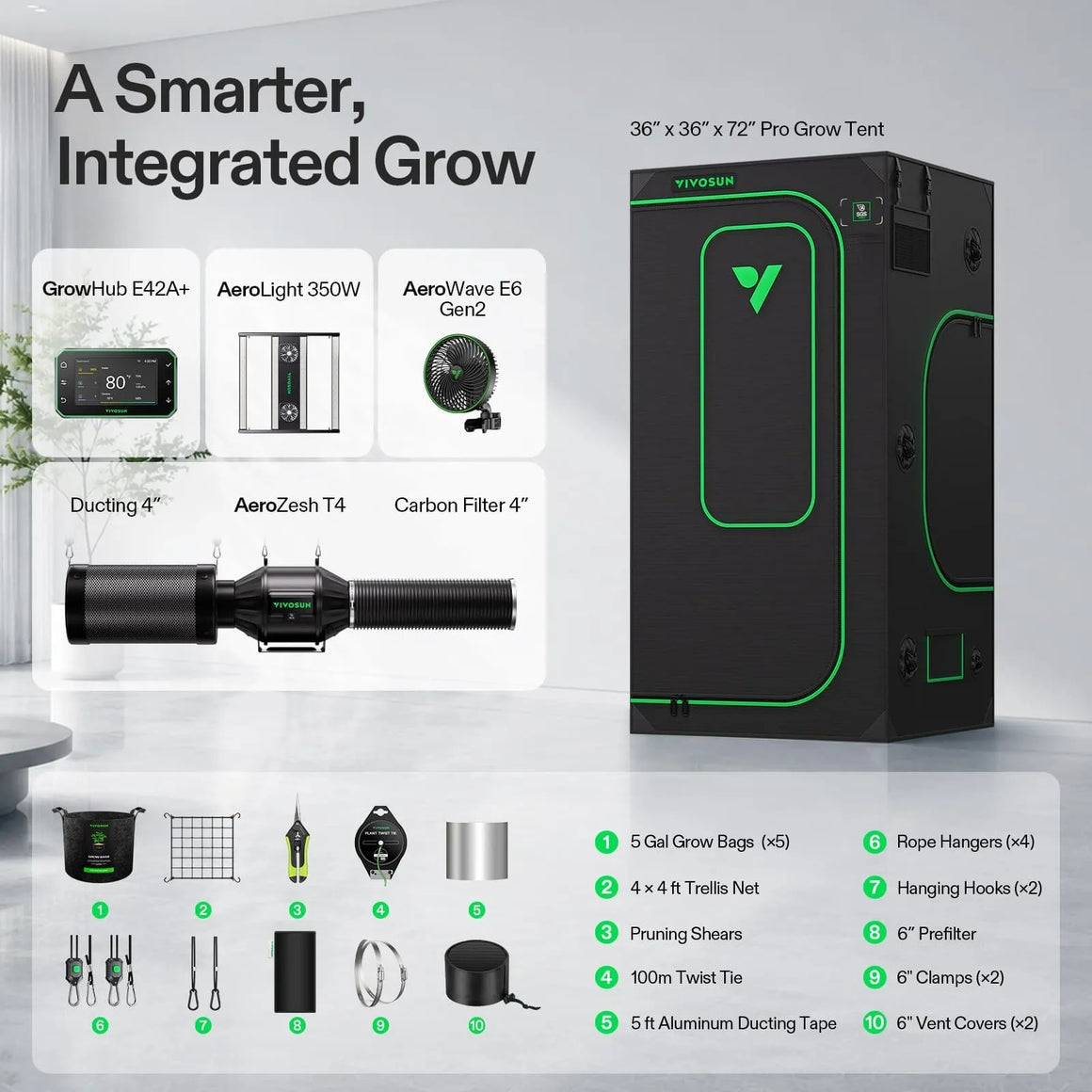 VIVOSUN 3x3 Pro Grow Tent Kit with GrowHub, AeroLight, AeroWave fan, ducting, filter, and accessories.