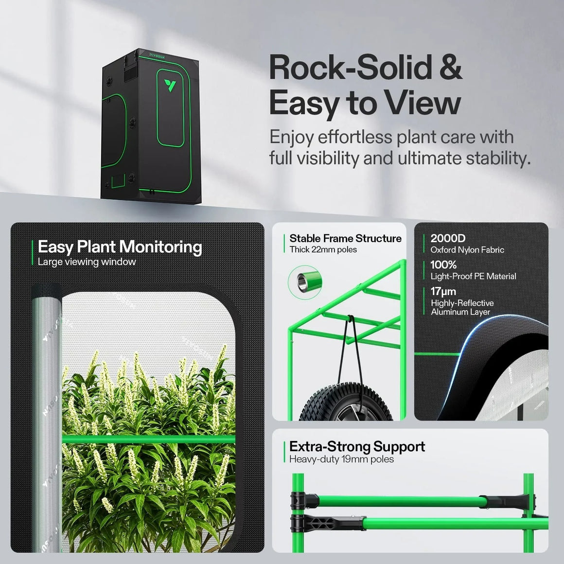VIVOSUN smart grow tent kit with large viewing window, 22mm thick frame, 2000D fabric, 19mm poles, and reflective interior.