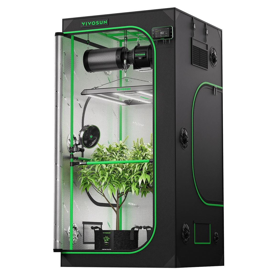 VIVOSUN Smart Grow Tent Kit Pro 3x3 with LED light, fan, carbon filter, and plants.