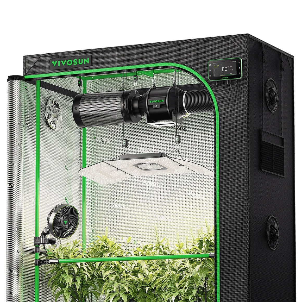 Vivosun Smart Grow Tent with LED light, fan, and filter.