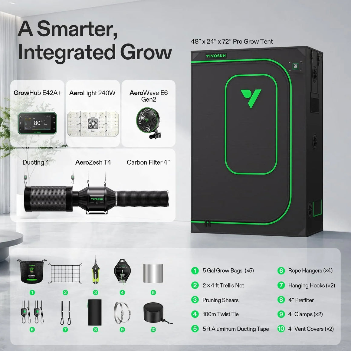 VIVOSUN Pro Grow Tent Kit: 48"x24"x72" tent with LED light, fan, filter, ducting, and accessories.