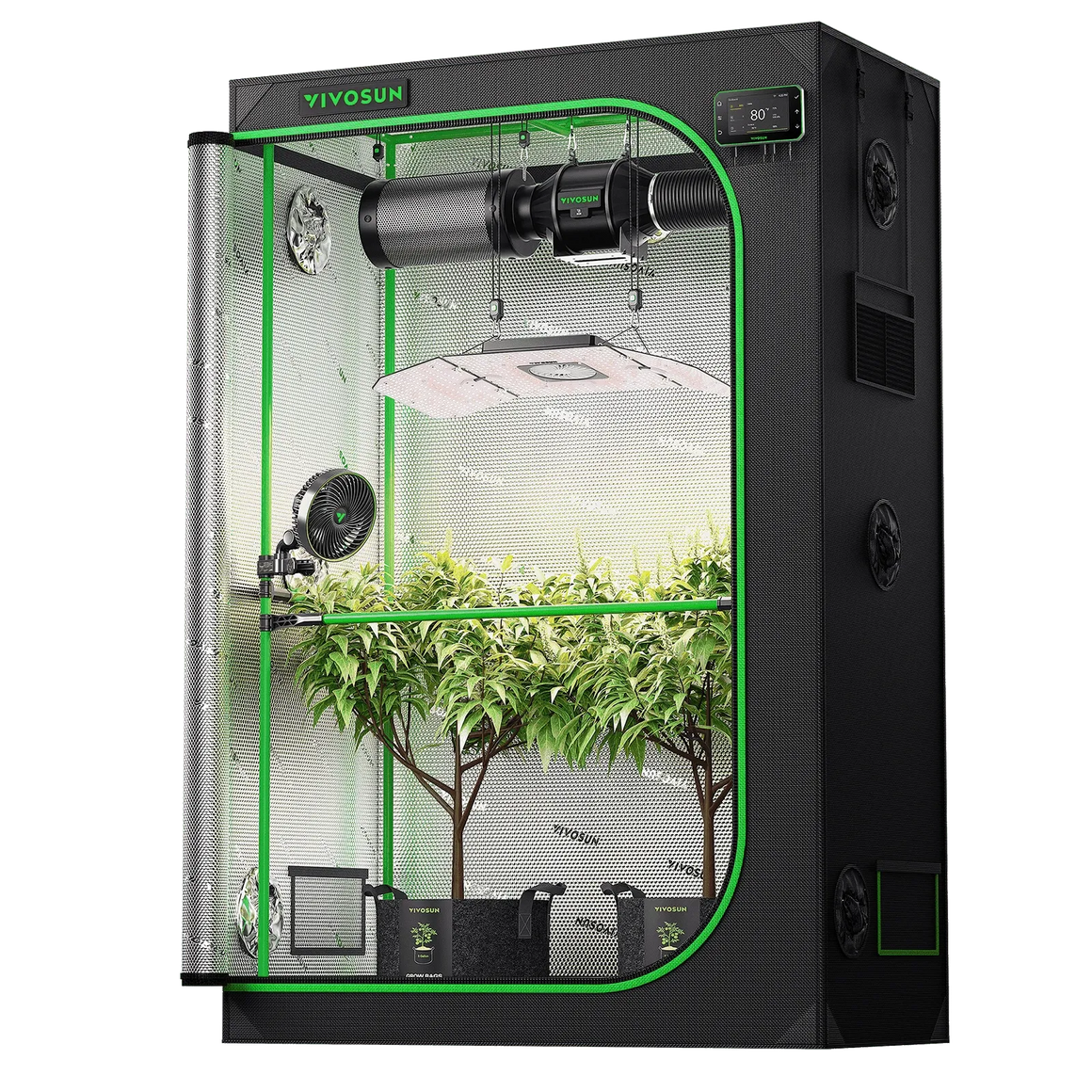 Vivosun smart grow tent with LED light, fan, filter, and plants.