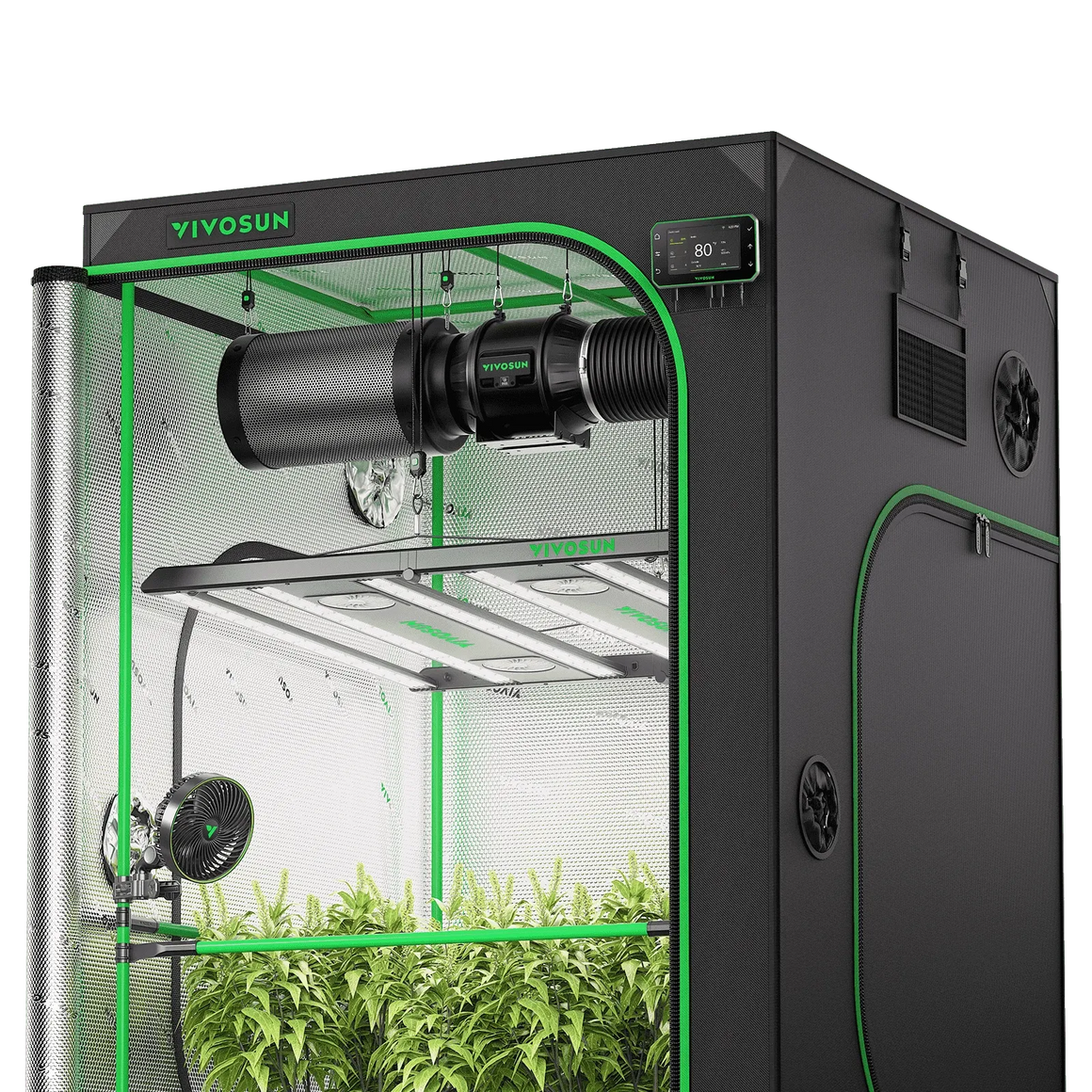 VIVOSUN 4x4 smart grow tent kit with LED lights, ventilation, fan, and thermometer.