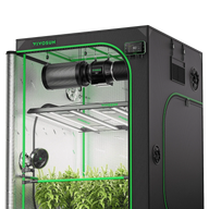 VIVOSUN 4x4 smart grow tent kit with LED lights, ventilation, fan, and thermometer.