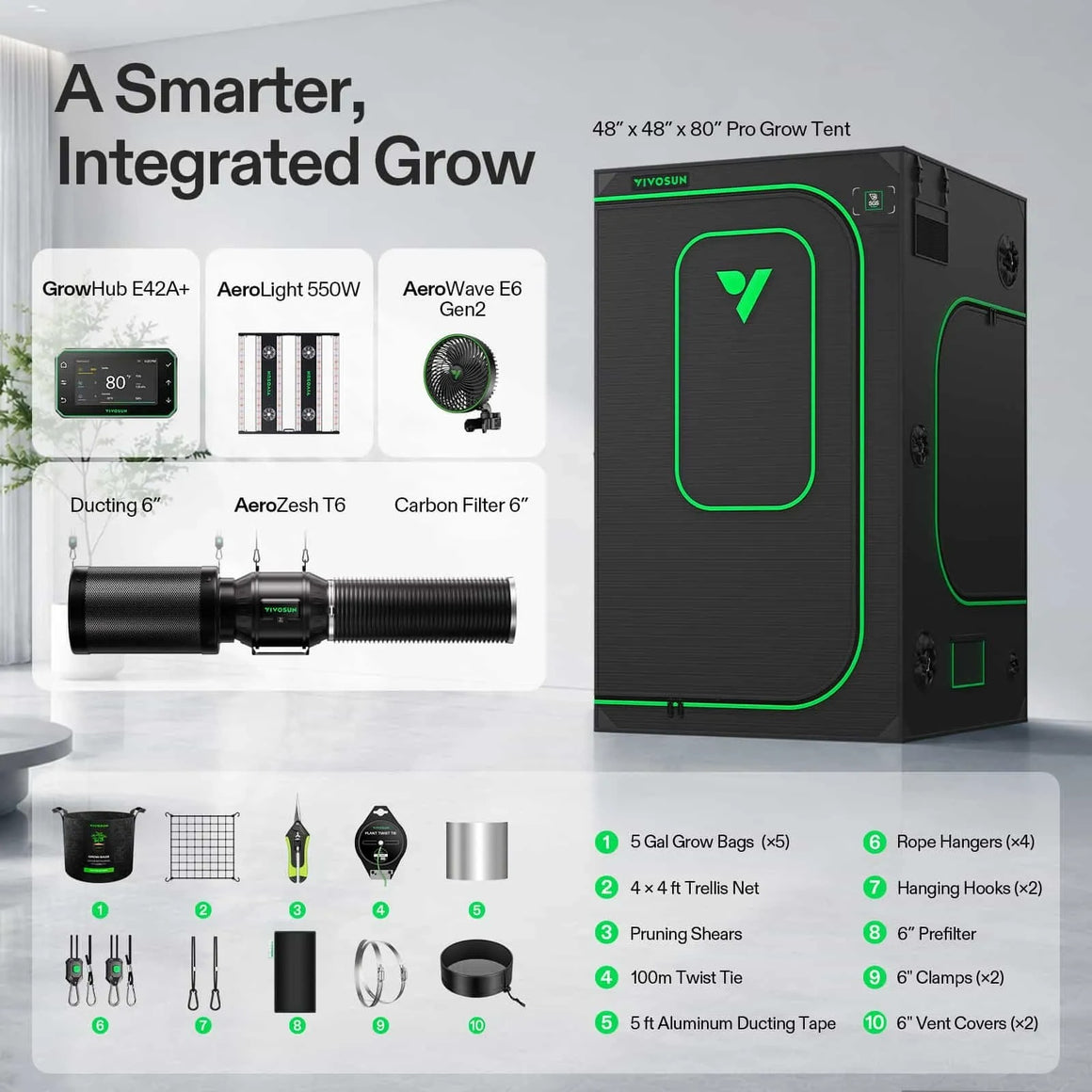 Vivosun 4x4 smart grow tent kit with GrowHub, AeroLight, fan, filter, and accessories.